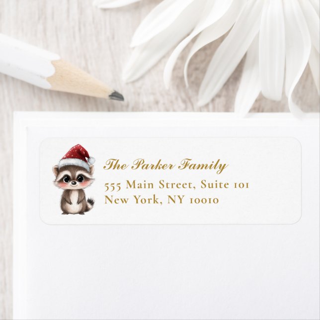 Cute, Adorable, Raccoon With Santa Hat Label (Insitu)
