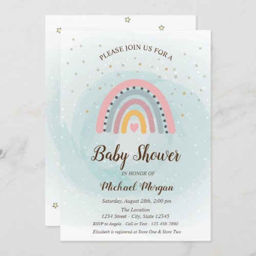 Cute Adorable Rainbow Stars Baby Shower Invitation