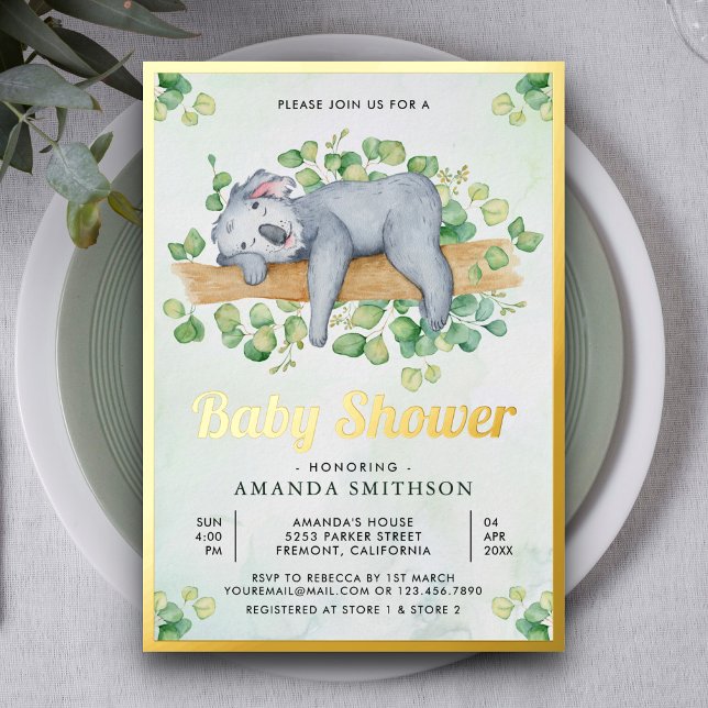 Cute Adorable Sleeping Koala Bear Baby Shower Gold Foil Invitation (Creator Uploaded)