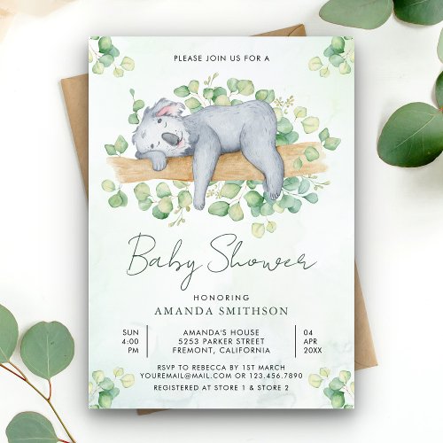 Cute Adorable Sleeping Koala Bear Baby Shower Invitation