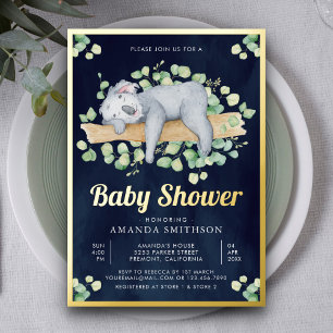Cute Adorable Sleeping Koala Navy Baby Shower Gold Foil Invitation
