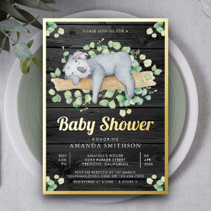 Cute Adorable Sleeping Koala Wood Baby Shower Gold Foil Invitation