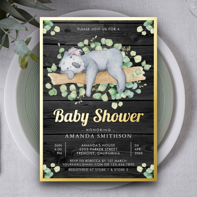 Cute Adorable Sleeping Koala Wood Baby Shower Gold Foil Invitation (Creator Uploaded)
