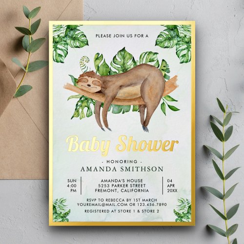 Cute Adorable Sleeping Sloth Baby Shower Gold Foil Invitation