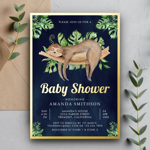 Cute Adorable Sleeping Sloth Navy Baby Shower Gold Foil Invitation