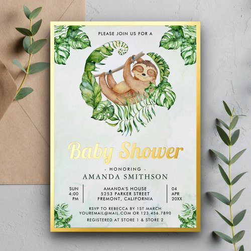 Cute Adorable Sloth Baby Shower Gold Foil Invitation
