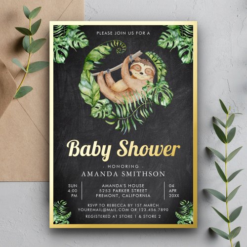 Cute Adorable Sloth Chalkboard Baby Shower Gold Foil Invitation