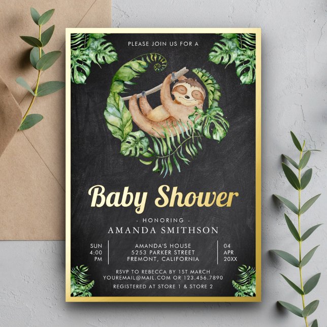 Cute Adorable Sloth Chalkboard Baby Shower Gold Foil Invitation (Creator Uploaded)