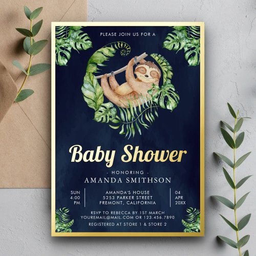 Cute Adorable Sloth Navy Blue Baby Shower Gold Foil Invitation