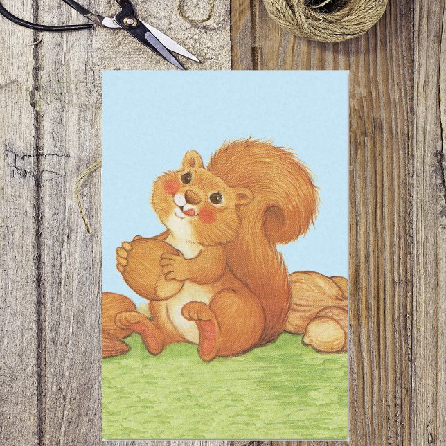 Cute Adorable Squirrel Acorns Nuts Tissue Paper (Cute red squirrel licking lips holding acorns in grass blue sky on tissue wrapping paper.)