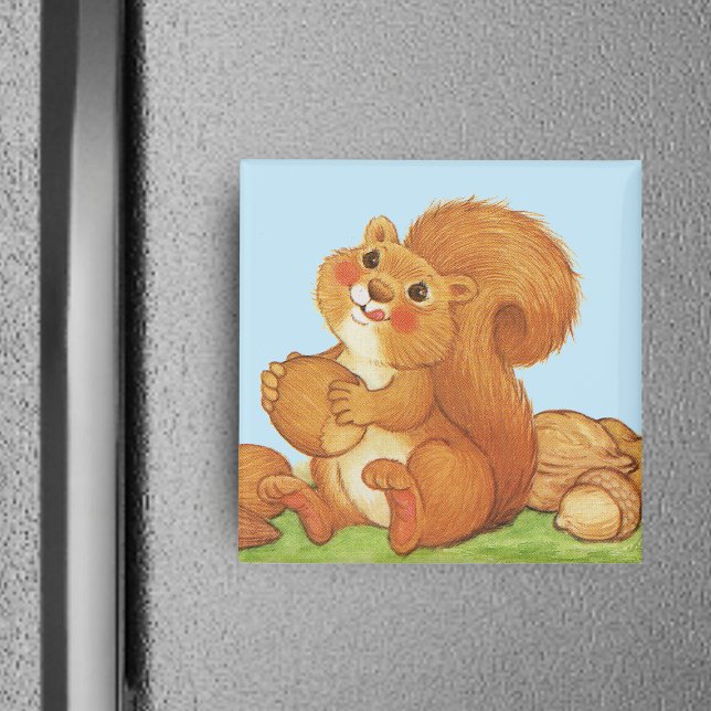 Cute Adorable Squirrel Nuts Magnet (Cute red squirrel fluffy tail holding nuts acorns in grass blue sky on square magnet.)
