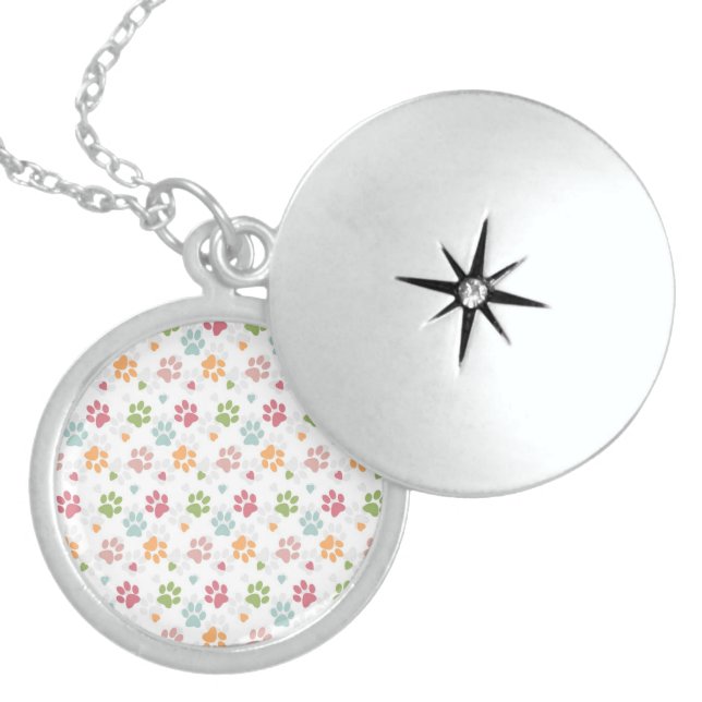 Cute adorable trendy animal paws print and hearts locket necklace (Front)