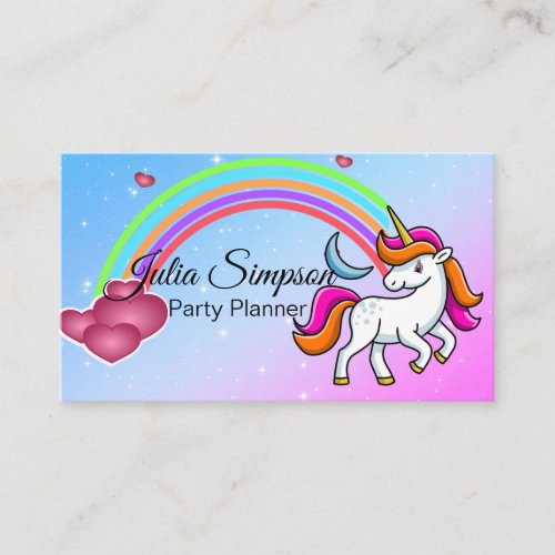 Cute Adorable Unicorn RainbowKids Party Planner Business Card