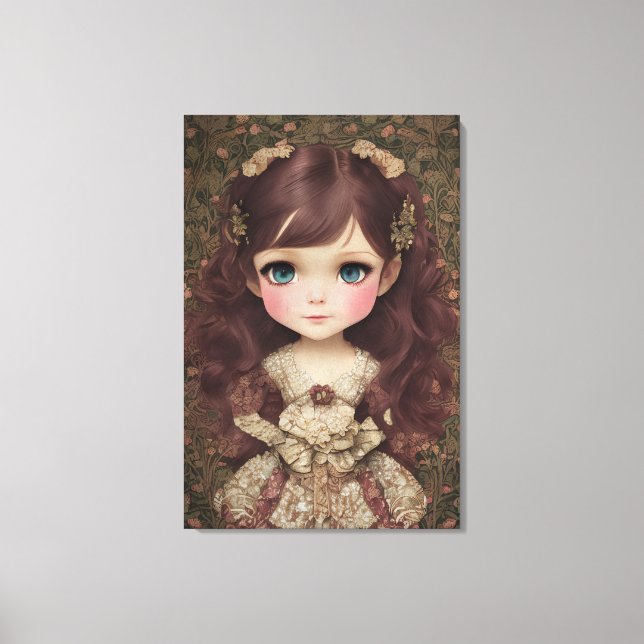 Cute Adorable Vintage Style Chibi Kawaii Girl Art Canvas Print (Front)