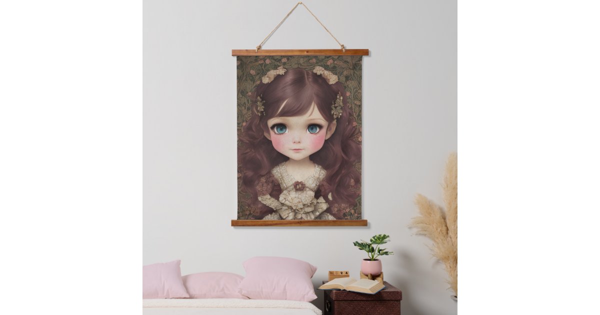 Cute Adorable Vintage Style Chibi Kawaii Girl Art Hanging Tapestry