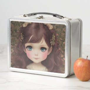 Cute Adorable Vintage Style Chibi Kawaii Girl Art Metal Lunch Box