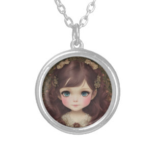 Cute Adorable Vintage Style Chibi Kawaii Girl Art Silver Plated Necklace