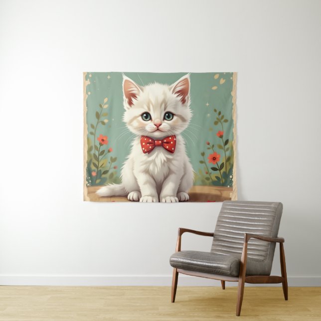 Cute adorable white cat with bow tie tapestry (In Situ (Horizontal))