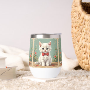 Cute adorable white cat with bow tie thermal wine tumbler