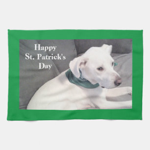 Cute Adorable White Puppy Dog Wearing Green Scarf Kitchen Towel