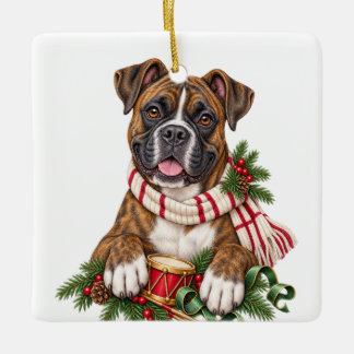 CUTE ADORBALE CHRISTMAS BOXER DOG CERAMIC ORNAMENT