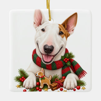 CUTE ADORBALE CHRISTMAS COLORED BULL TERRIER DOG CERAMIC ORNAMENT
