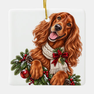 CUTE ADORBALE CHRISTMAS IRISH SETTER DOG CERAMIC ORNAMENT
