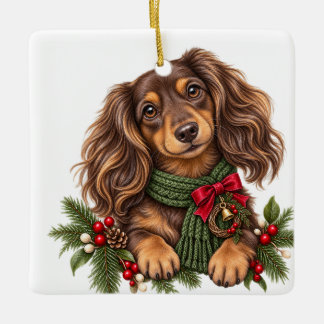CUTE ADORBALE CHRISTMAS LONG HAIRED DACHSHUND DOG CERAMIC ORNAMENT