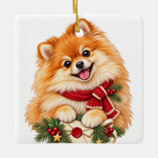 CUTE ADORBALE CHRISTMAS POMERANIAN DOG CERAMIC ORNAMENT