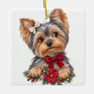 CUTE ADORBALE CHRISTMAS YORKSHIRE TERRIER DOG CERAMIC ORNAMENT