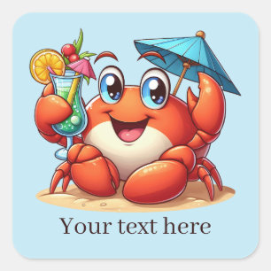 Cute Adult beach drinking party crab. Square Sticker