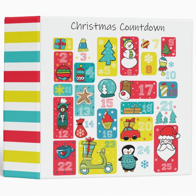 Cute Advent Calendar Christmas Cartoon style 3 Ring Binder (Front/Spine)