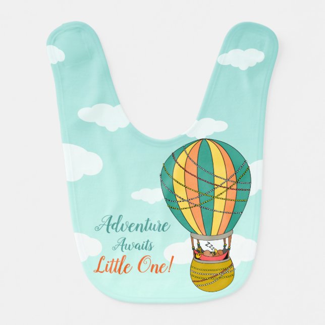 Cute "Adventure Awaits" Bird Illustration For Bab Baby Bib (Front)
