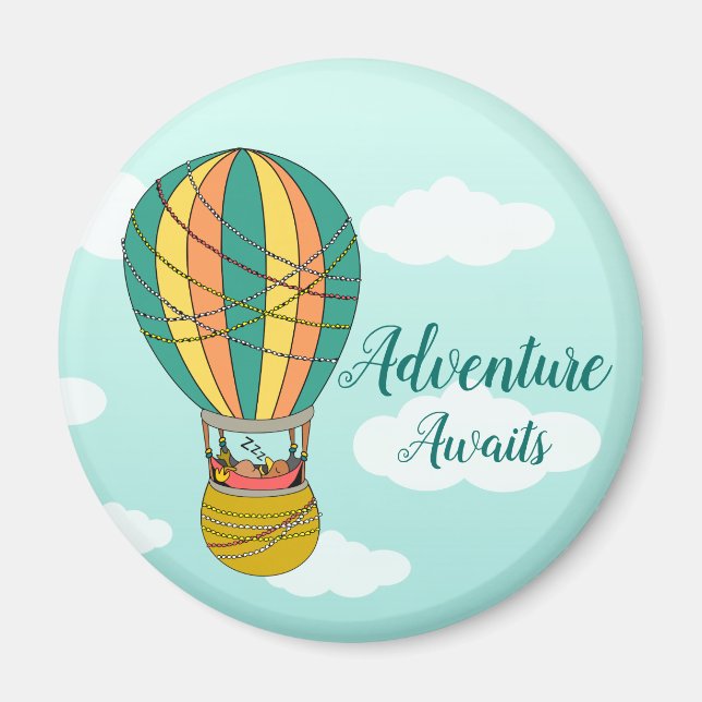 Cute Adventure Awaits Bird in Hot Air Balloon Kids Magnet (Front)