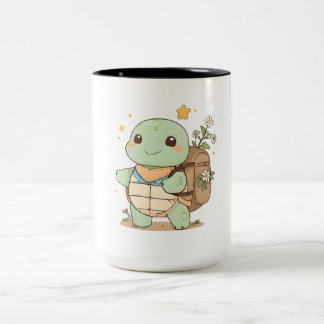 Cute Adventure Turtle Traveler Kawaii Design Two-Tone Coffee Mug