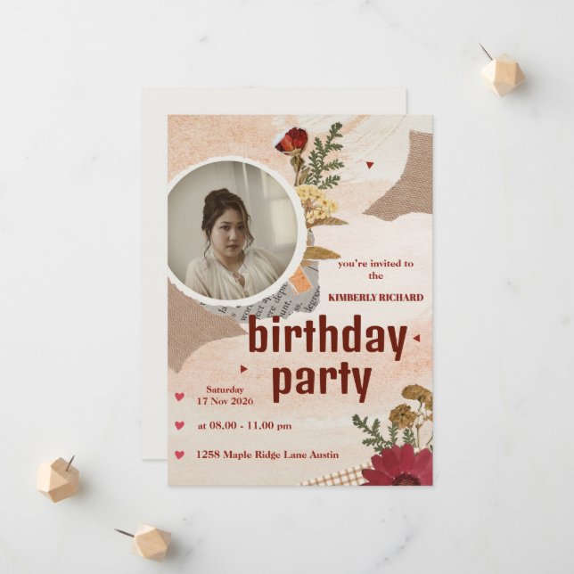 Cute Aesthetic Birthday Invitation Card (Front/Back In Situ)