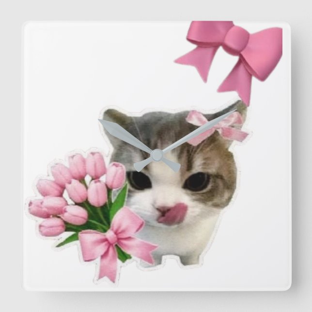 Cute Aesthetic Cat with Pink Bows Wall Clock - Coq (Front)