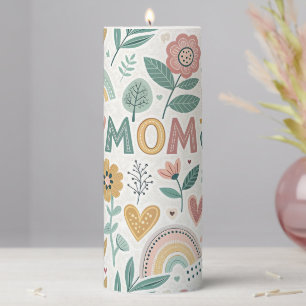Cute Aesthetic Folk Art Flowers & Hearts MOM Pillar Candle