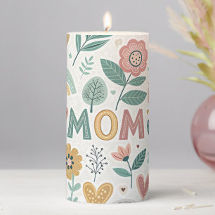 Cute Aesthetic Folk Art Flowers & Hearts MOM Pillar Candle