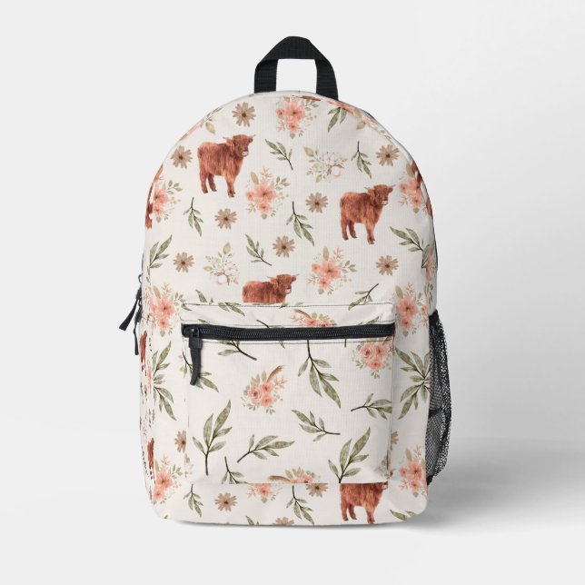 Cute Aesthetic Highland Cow Floral Pattern Printed Backpack (Front)