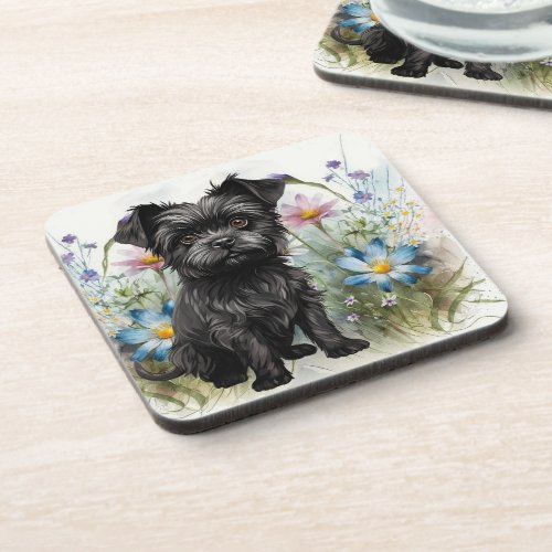 Cute Affenpinscher Dog in a Field of Wildflowers Beverage Coaster