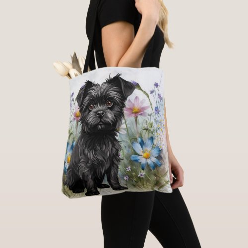 Cute Affenpinscher Dog in a Field of Wildflowers Tote Bag