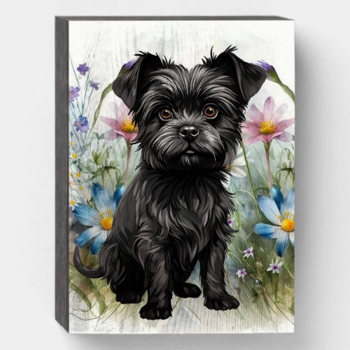 Cute Affenpinscher Dog in a Field of Wildflowers Wooden Box Sign