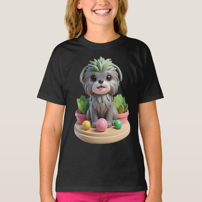 Cute Affenpinscher Succulent | 3D Grey Monkey Dog T-Shirt (Front)