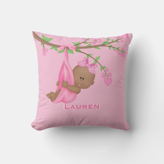 Cute African American Baby Girl Pink Personalized  Throw Pillow (Front)