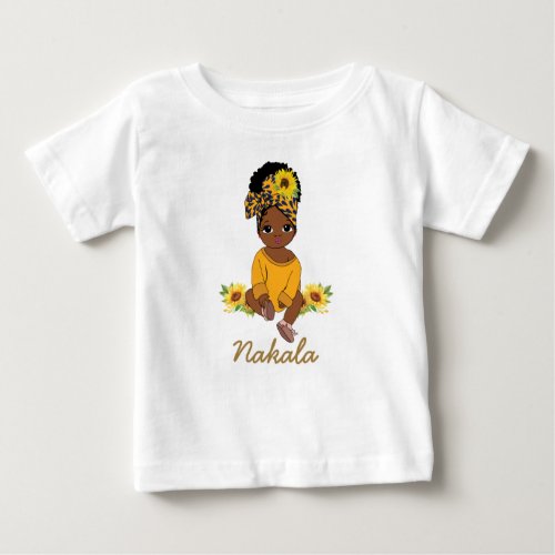 Cute African American Baby Girl Sunflower Floral   Baby T_Shirt