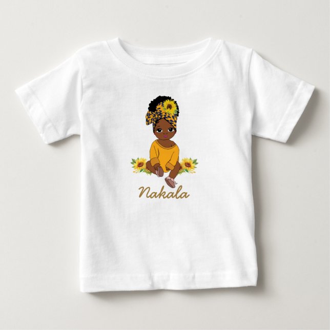 Cute African American Baby Girl Sunflower Floral   Baby T-Shirt (Front)