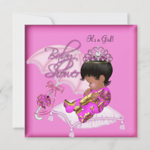 Cute African American Baby Shower Pink Gold Invitation