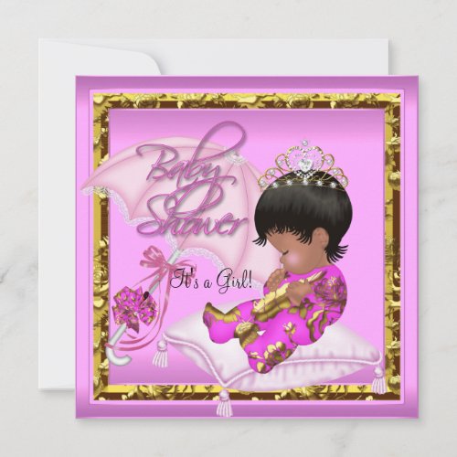Cute African American Baby Shower Pink Gold Invitation