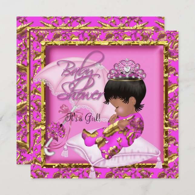 Cute African American Baby Shower Pink Gold Invitation (Front/Back)
